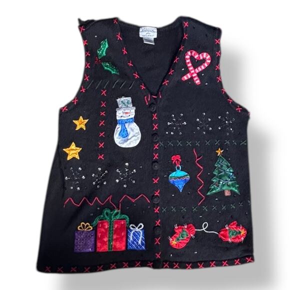 Vintage Holiday Sweater Black Embroidered Embellished Sequin Christmas Vest - Picture 14 of 14